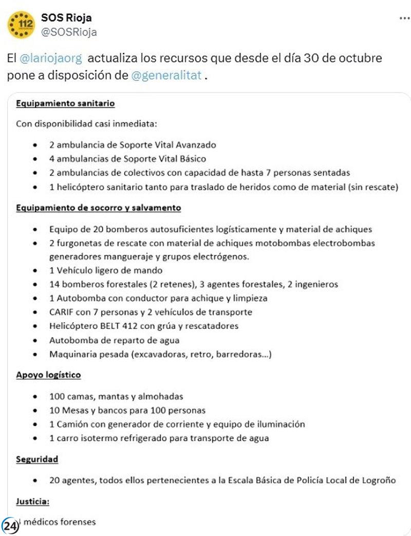 La Rioja ofrece ayuda a los afectados por la DANA en la Comunidad Valenciana.