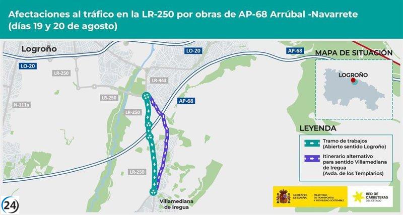 Desvíos temporales en acceso a Villamediana por obras en la LR-250 y su conexión con la AP-68.