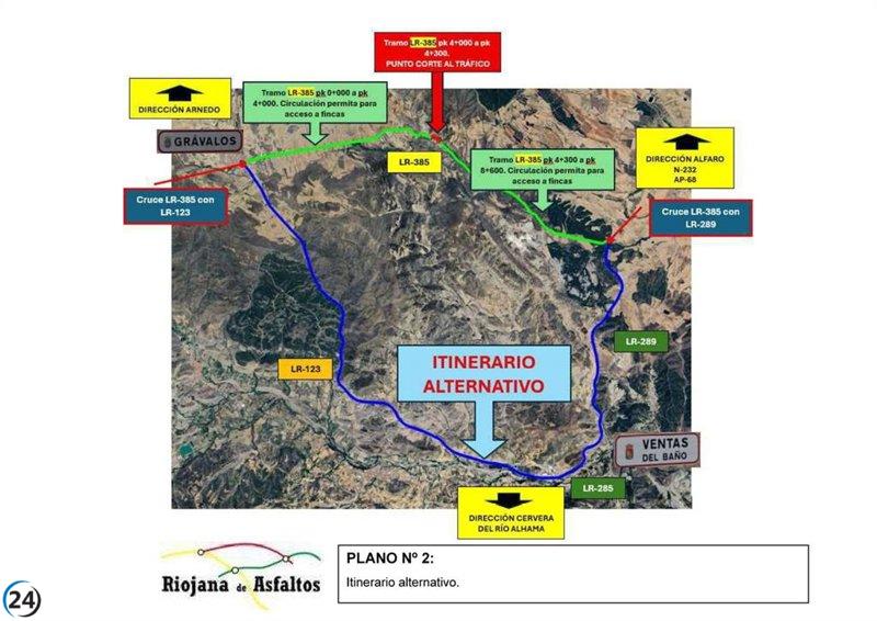 Corte temporal de la LR-385 en Grávalos por obras del 2 al 19 de septiembre para mejorar la seguridad vial.